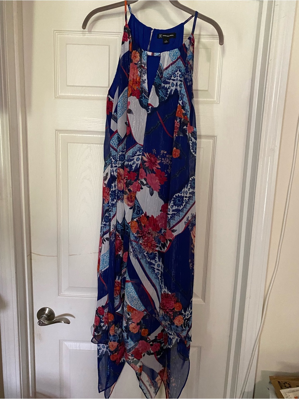 INC International Concepts Blue Floral Maxi Dress with Red Accents